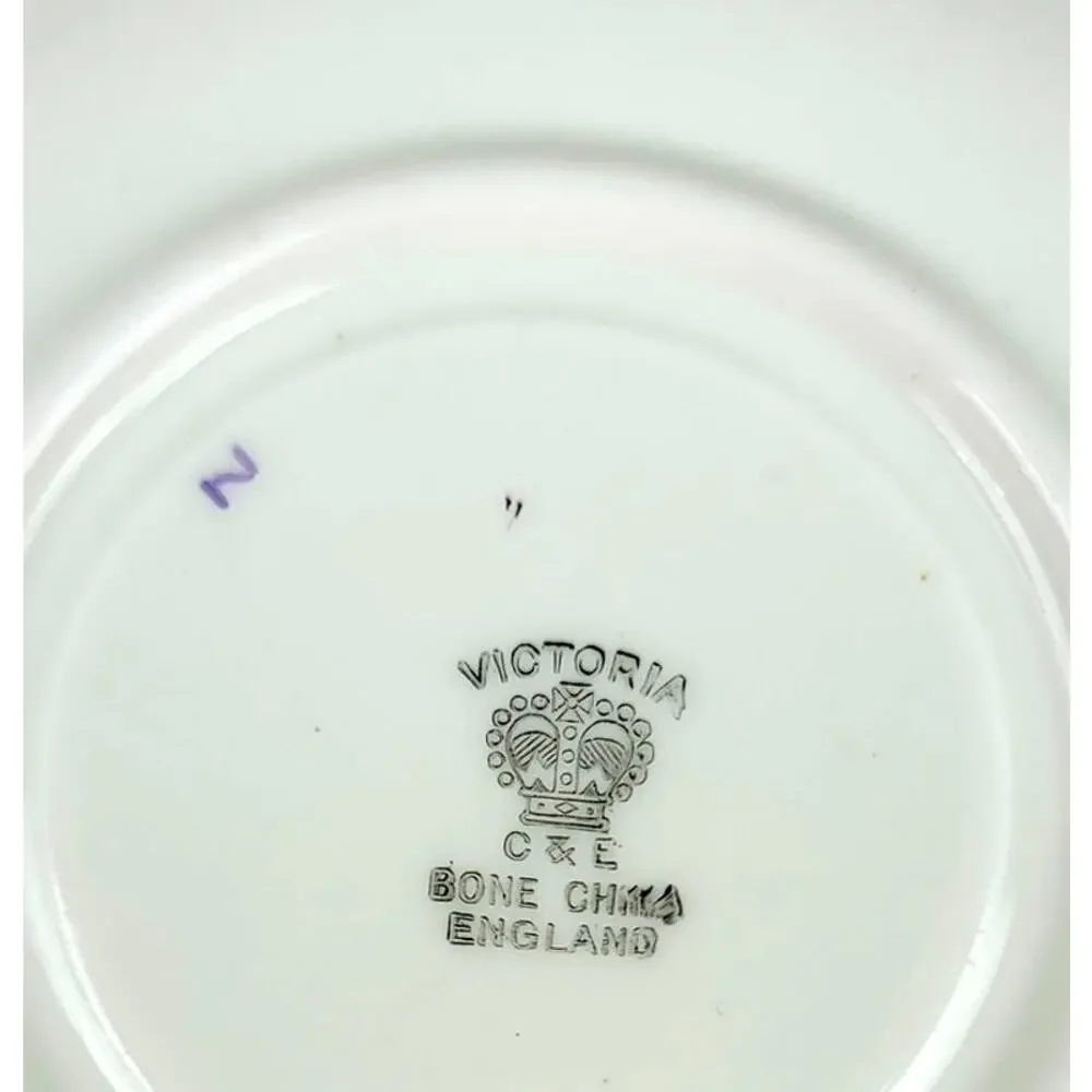 VNTG Victorian C and E Bone China Fluted Teacup Saucer Purple Violets No Flaws
